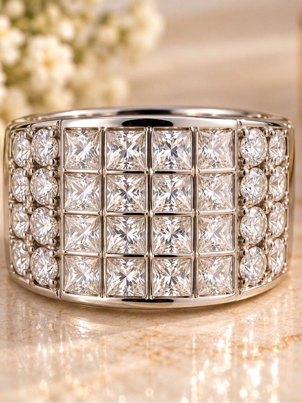 Diamond-Style Wide Statement Ring in White and Silver